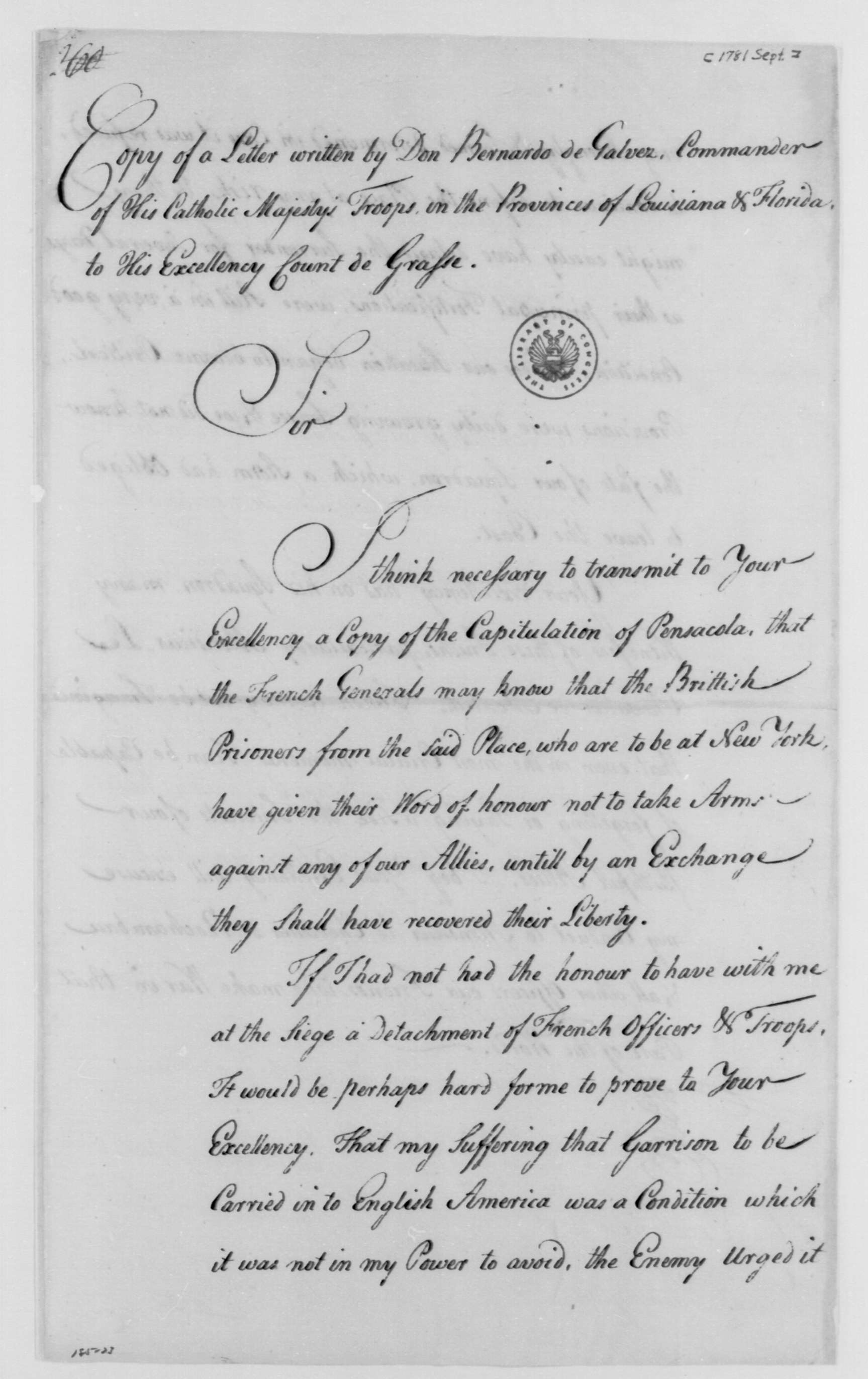 Copy of a letter from de Gálvez to de Grasse informing him that Pensacola had fallen