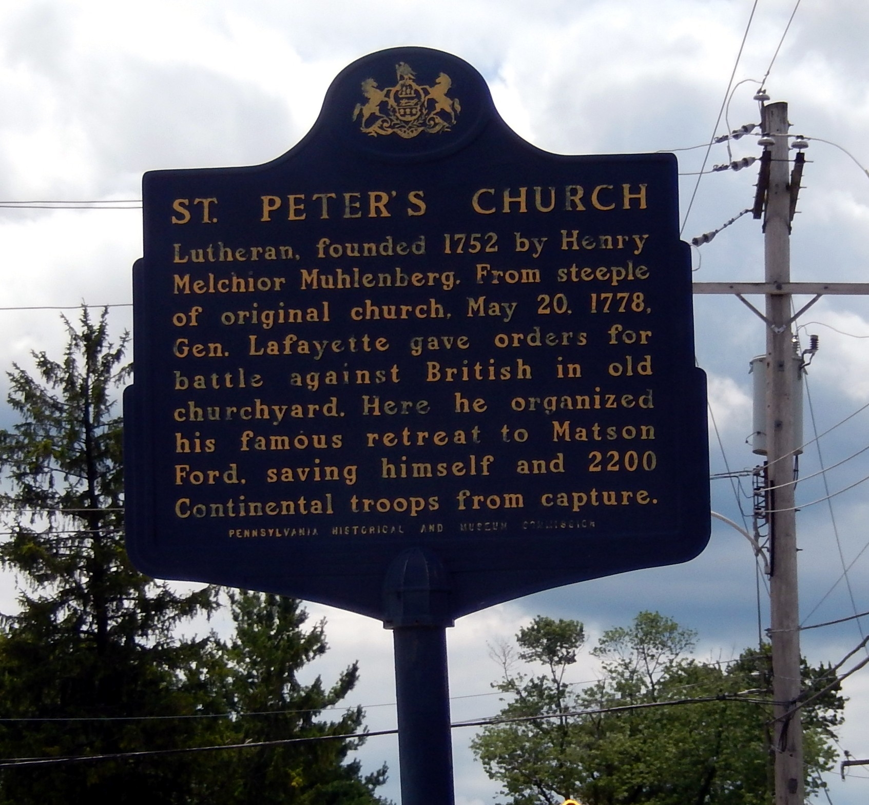 A Historical marker at St. Peter's Church describing Lafayette's famous retreat that was made possible in part by the Oneida warriors at Barren Hill.