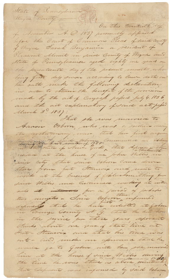 Eyewitness Account of the Surrender at Yorktown from Sarah’s pension record (13 pages); 1837