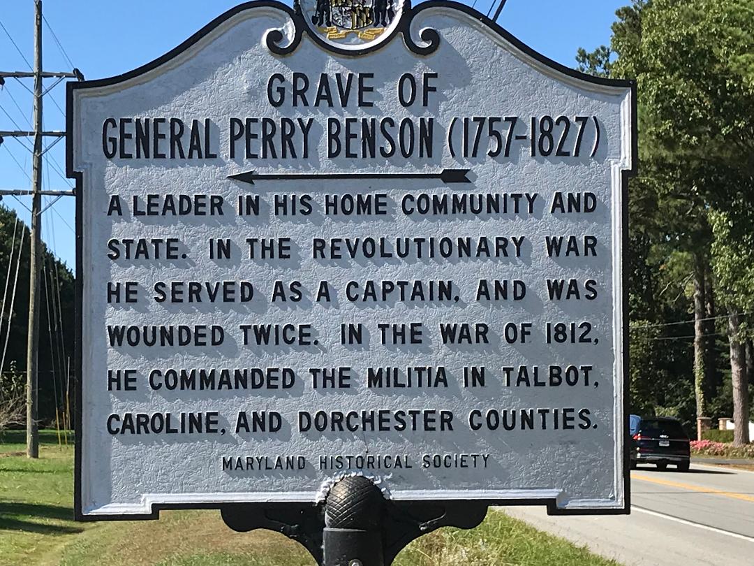 Historic marker for the grave of General Perry Benson that the Maryland Historical Society placed in 1965.