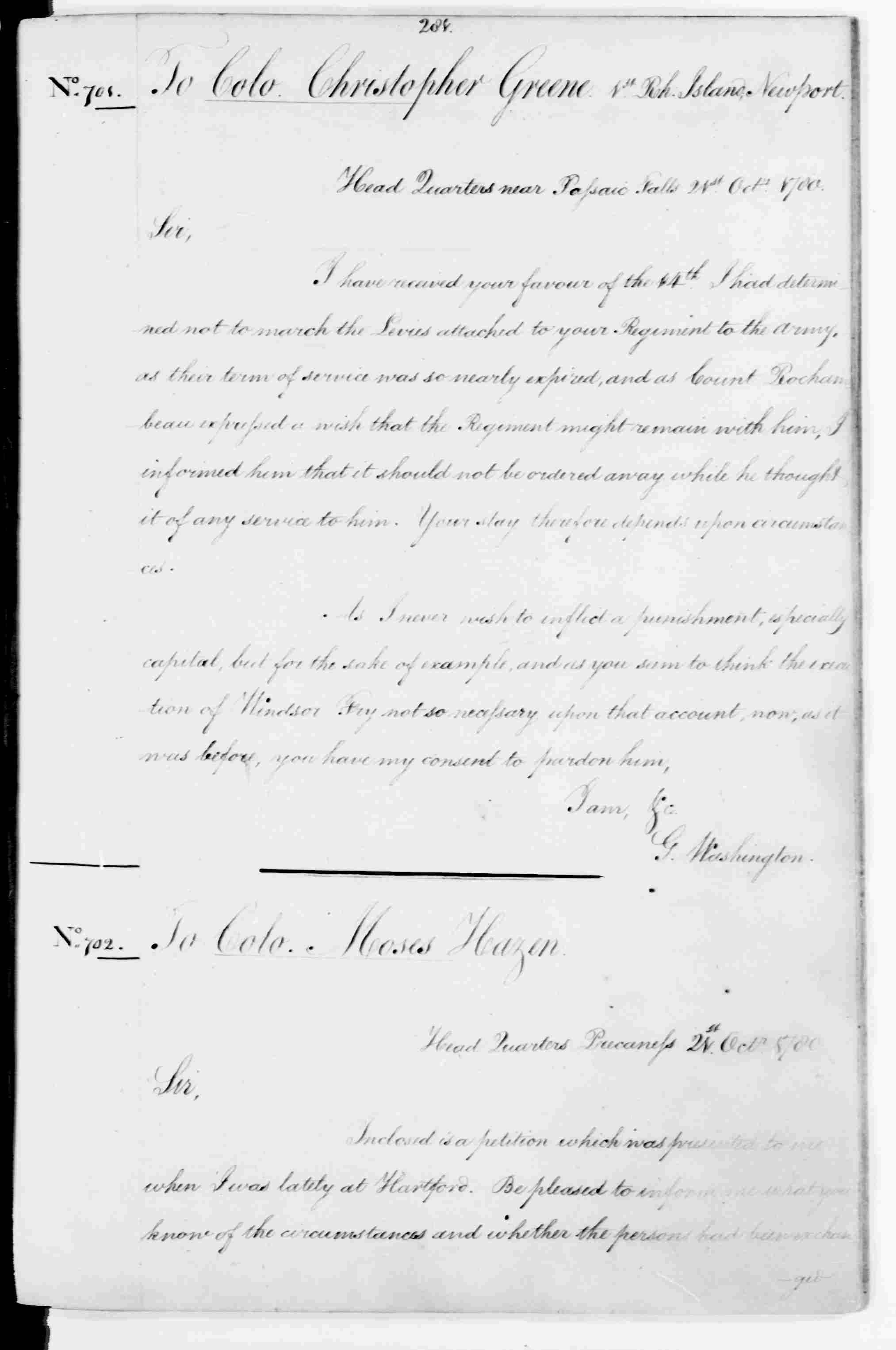 Letter from Washington to Colonel Christopher Greene giving consent to pardon Winsor Fry.