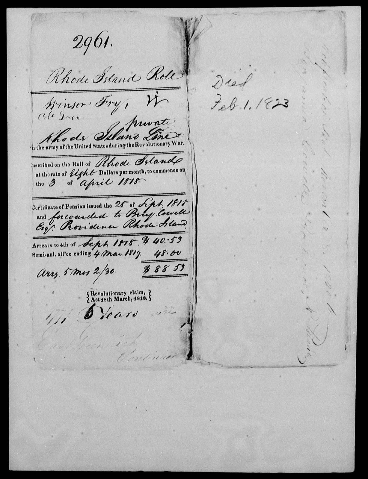 Pension Application Record, Winsor Fry, 1818